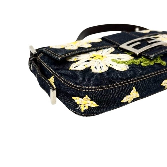 FENDI Vintage FF Logo Mamma Baguette Denim Shoulder Bag Flower Blue [106339] - Picture 8 of 12